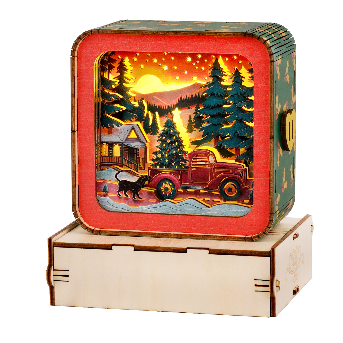 Ready for Christmas - 3D Wooden Puzzle Night Light featuring a vintage truck, Christmas tree, and snowy village scene.