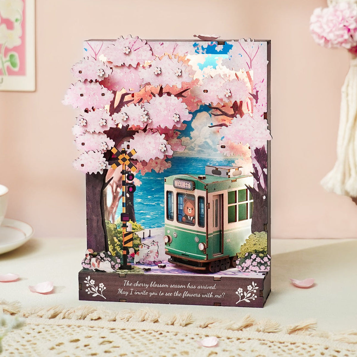 Sakura Journey 3D Wooden Puzzle Painting, DIY Wall Art Craft Kit with Light