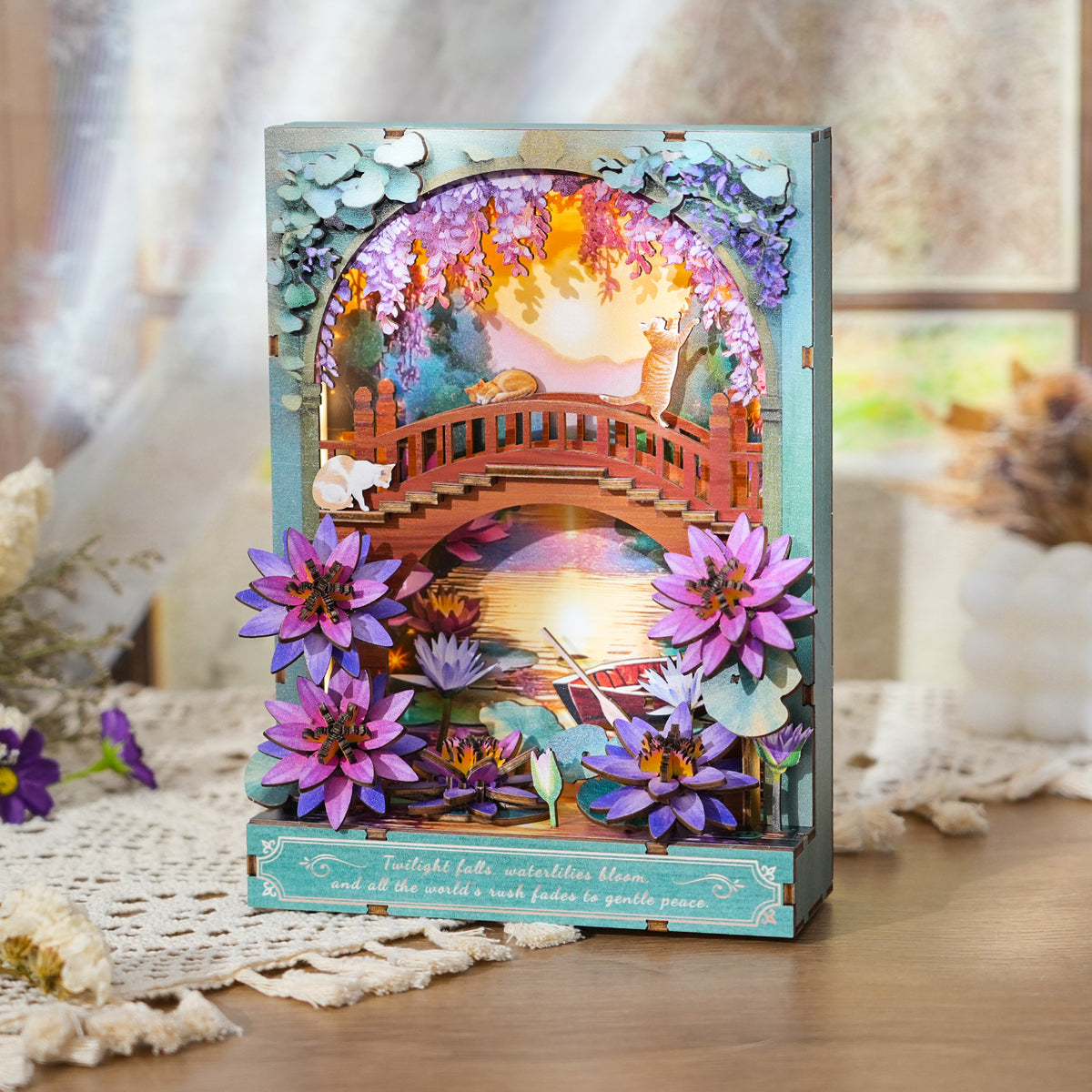 Twilight Waterlily 3D Wooden Puzzle Painting, DIY Wall Art Craft Kit with Light