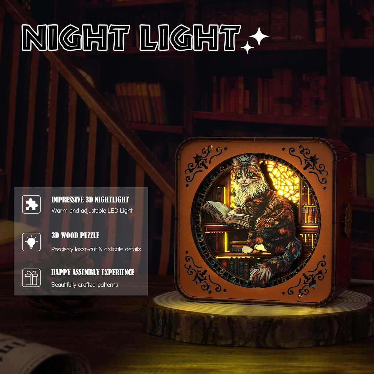 Maine Coon In The Library - 3D Wooden Puzzle Night Light
