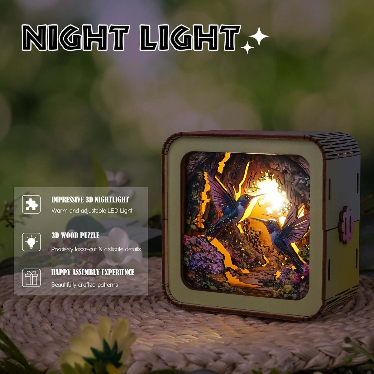 Hummingbird in the Flowers - 3D Wooden Puzzle Night Light