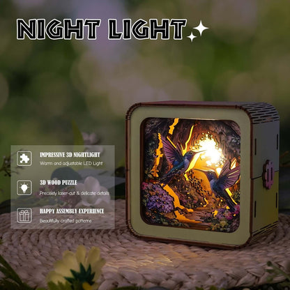 Hummingbird in the Flowers - 3D Wooden Puzzle Night Light