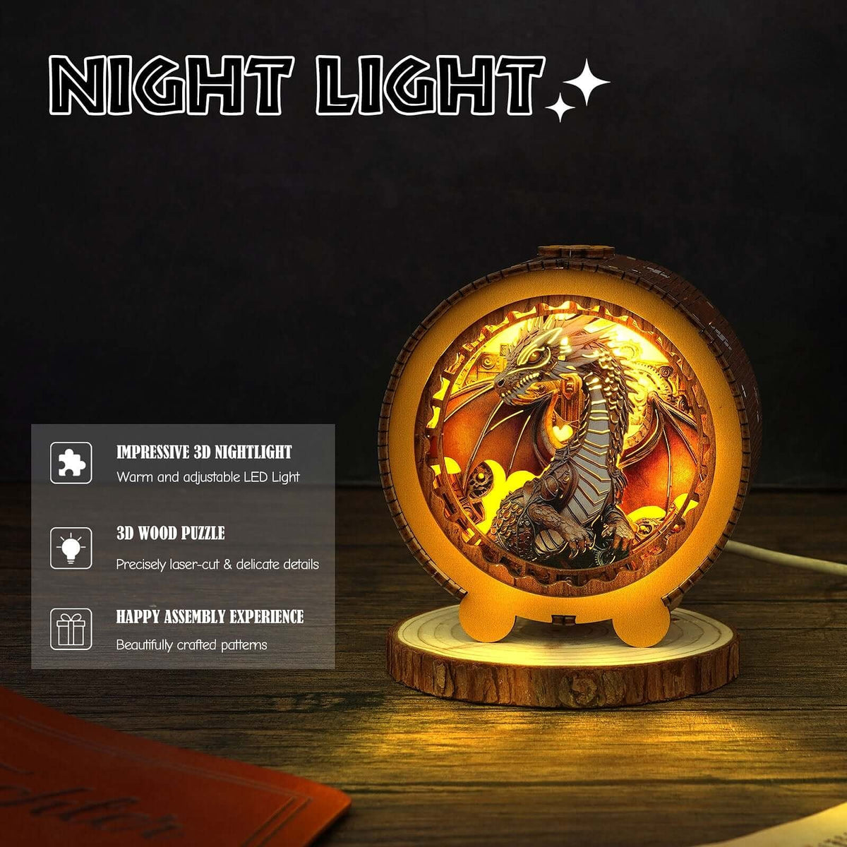 Steampunk Dragon - 3D Wooden Puzzle Night Light