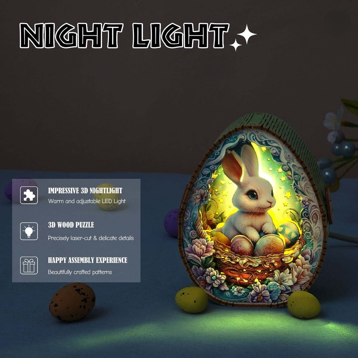 Bunny and Easter eggs - 3D Wooden Puzzle Night Light