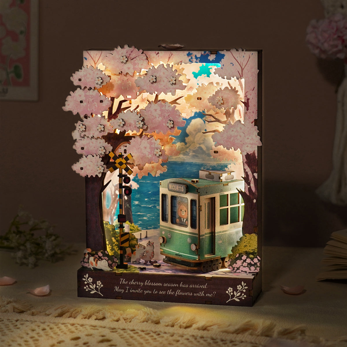 Sakura Journey 3D Wooden Puzzle Painting, DIY Wall Art Craft Kit with Light
