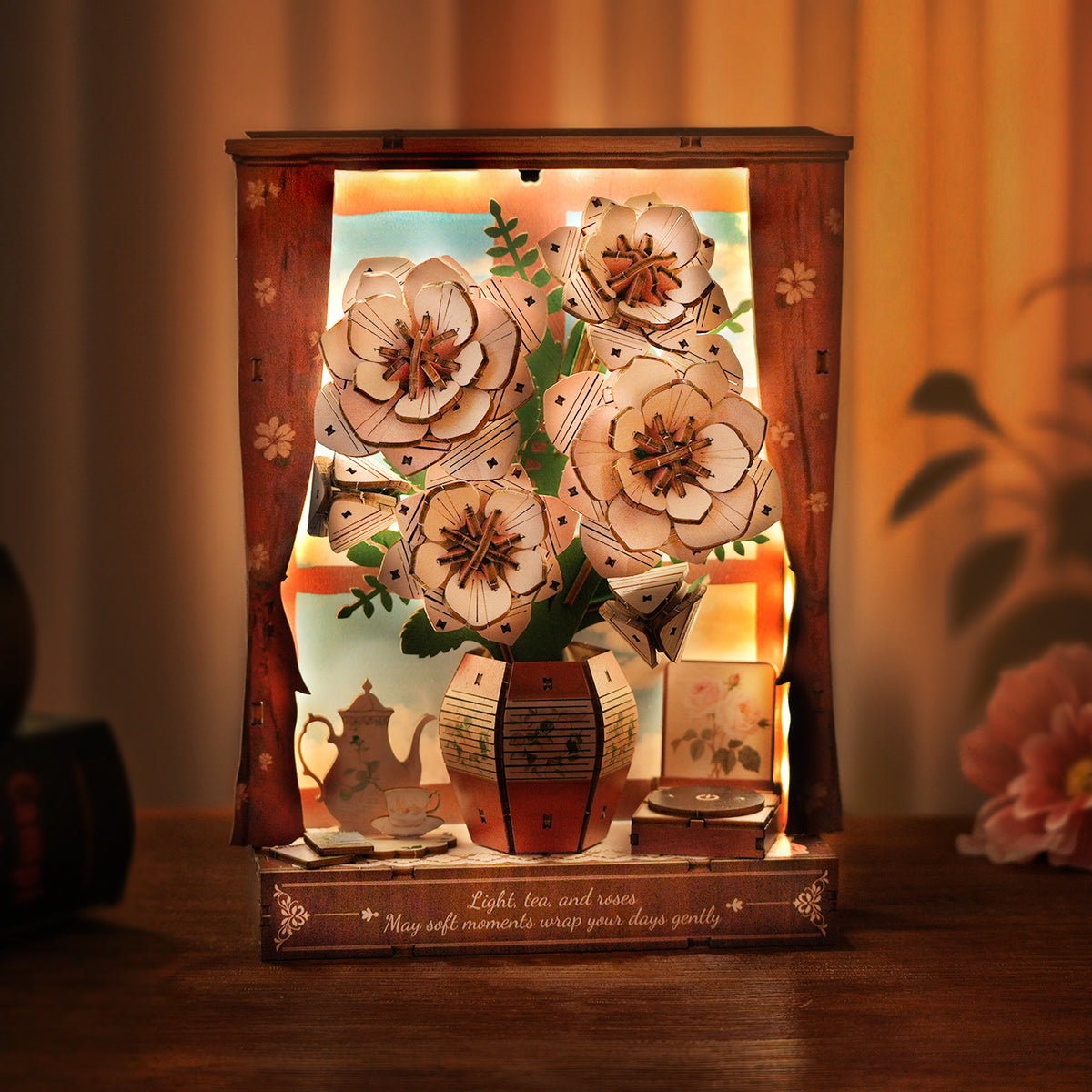 Crimson Whispers 3D Wooden Puzzle Painting, DIY Wall Art Craft Kit with Light