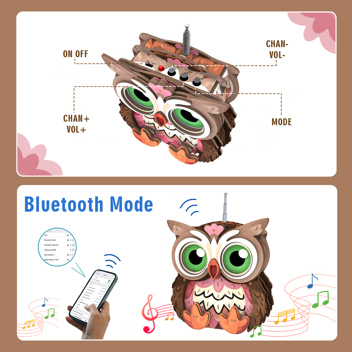 Baby Owl 3D Bluetooth Radio Speaker, STEM Wooden Puzzle Kit