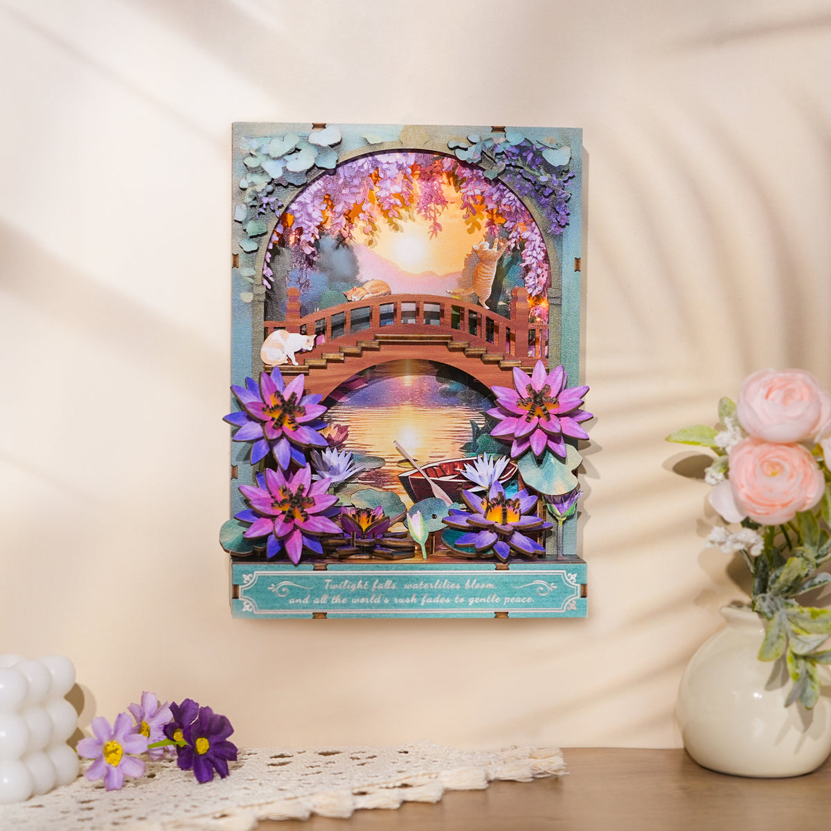 Twilight Waterlily 3D Wooden Puzzle Painting, DIY Wall Art Craft Kit with Light