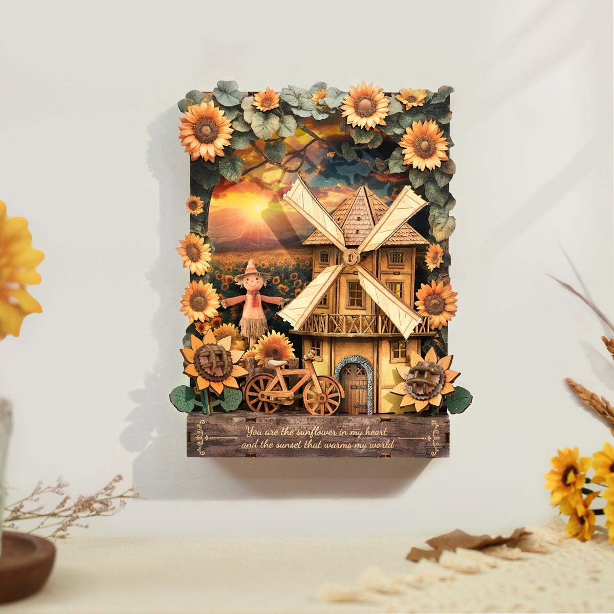Sunset Sunflower 3D Wooden Puzzle Painting, DIY Wall Art Craft Kit with Light