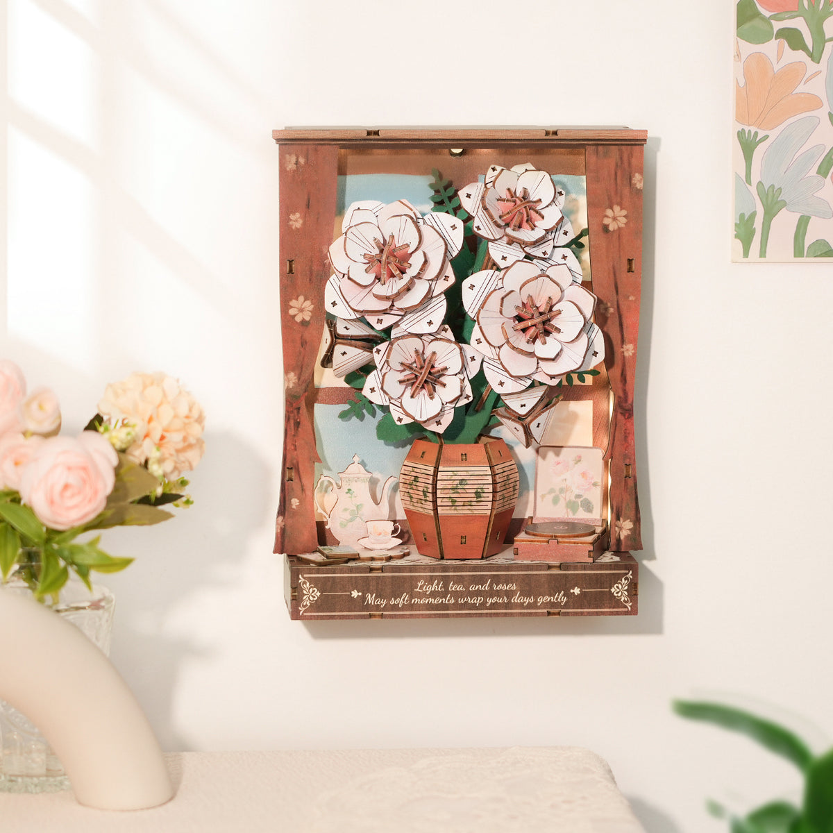 Crimson Whispers 3D Wooden Puzzle Painting, DIY Wall Art Craft Kit with Light
