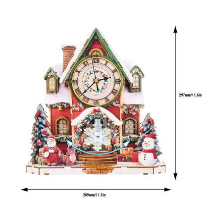 Warm Christmas 3D Wooden Puzzle Clock, DIY Craft Kit displayed on a festive house backdrop with holiday decorations.