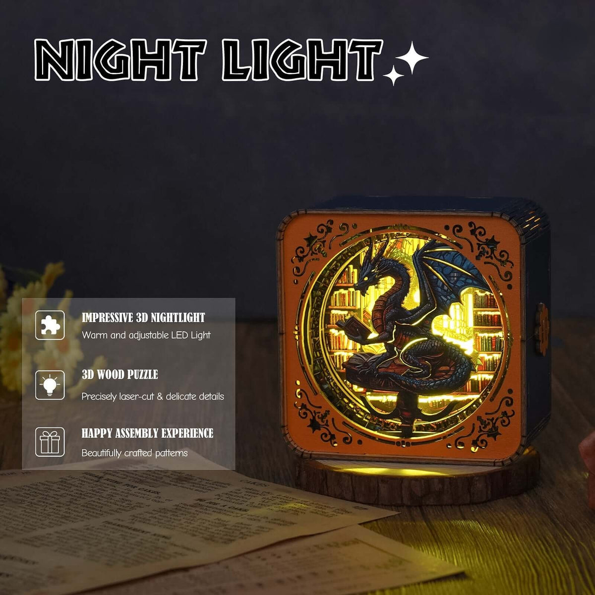 Library Dragon - 3D Wooden Puzzle Night Light