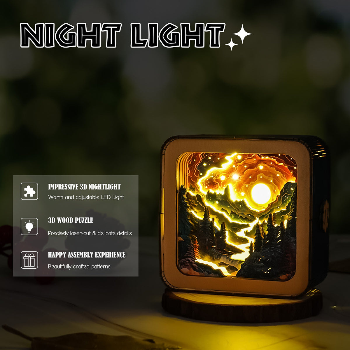 Golden River in Forest - 3D Wooden Puzzle Night Light