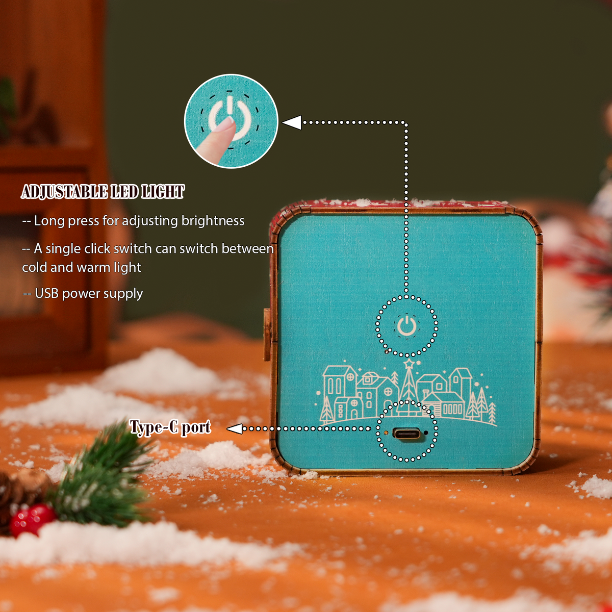 Wonderful Christmas Eve - 3D Wooden Puzzle Night Light showing adjustable LED light features and USB Type-C port.